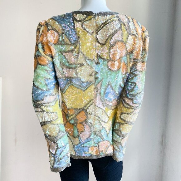 Vintage Oleg Cassini Black Tie PAstel Colours Fully Beaded Sequin Top S - Picture 5 of 10